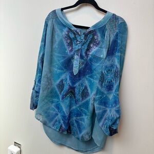 ONE WORLD Blue 3/4 Sleeve Tie Front Blouse